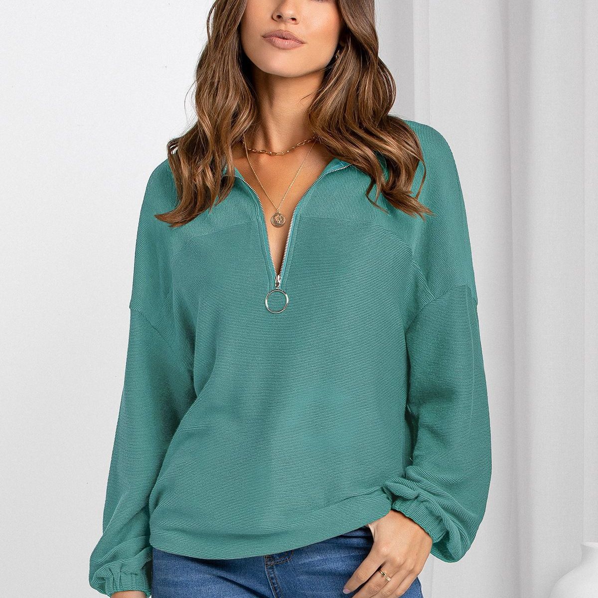 Fashionable Casual Pullover V-Neck Solid Color Loose Sweatshirt