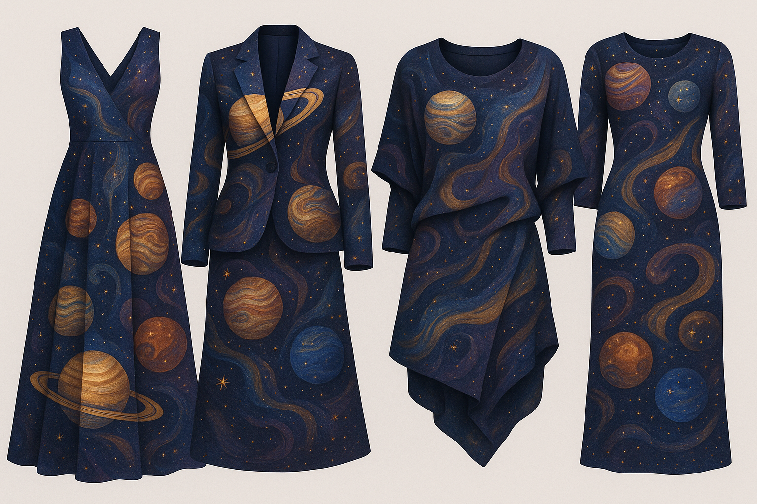 A universe of abstract apparel designs made from patterns of planets